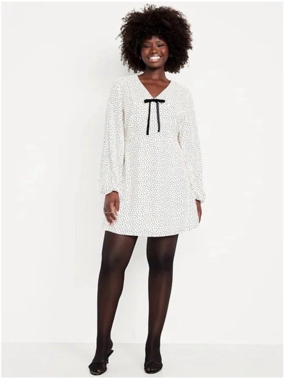 Old Navy White Polka Dot Mini Dress with Black Tie